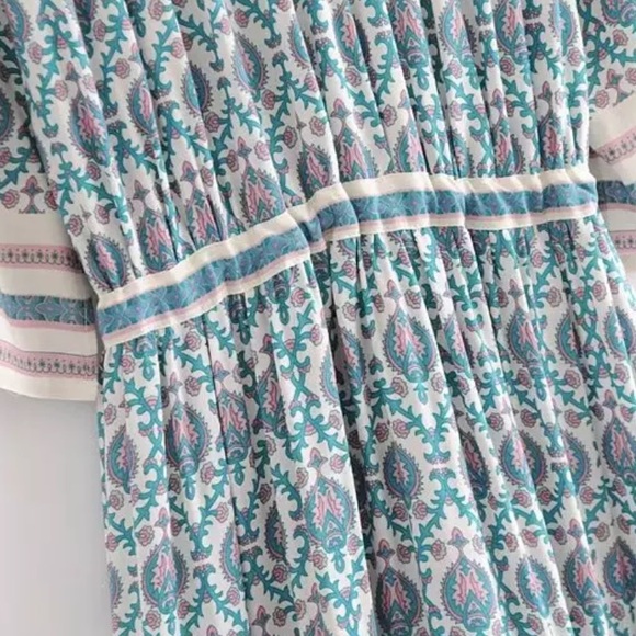 Bohemian Gypsy Print Kimono Maxi Dress Blue Cream - Picture 12 of 14